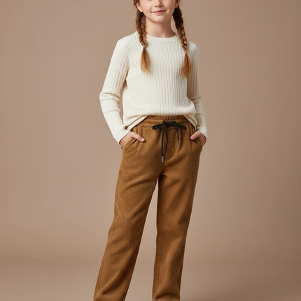 Pantalon Marron Côtelé Droit Fille Décontracté - Cordé