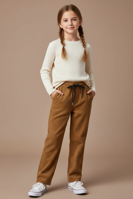 Pantalon Marron Côtelé Droit Fille Décontracté - Cordé