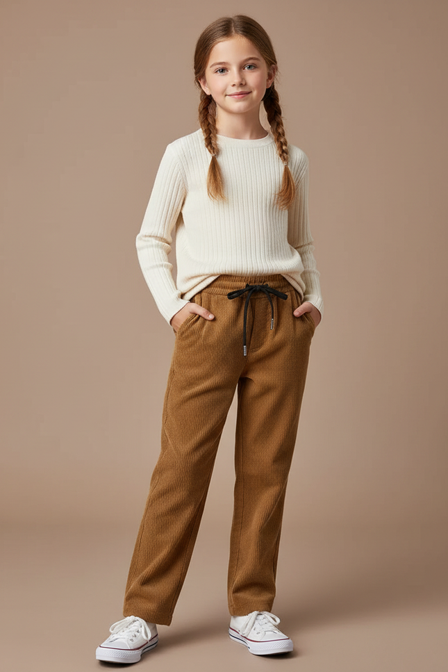 Pantalon Marron Côtelé Droit Fille Décontracté - Cordé