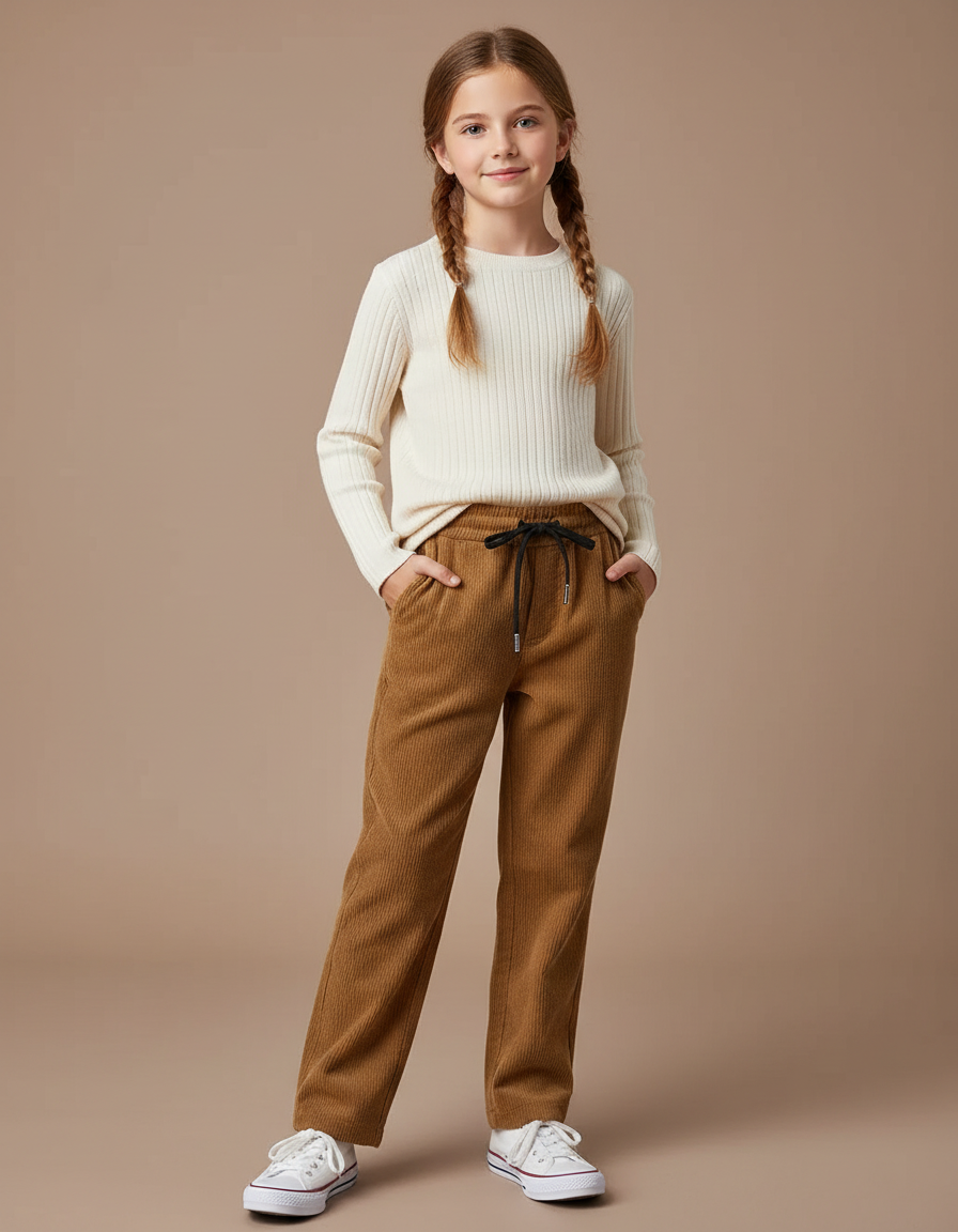 Pantalon Marron Côtelé Droit Fille Décontracté - Cordé