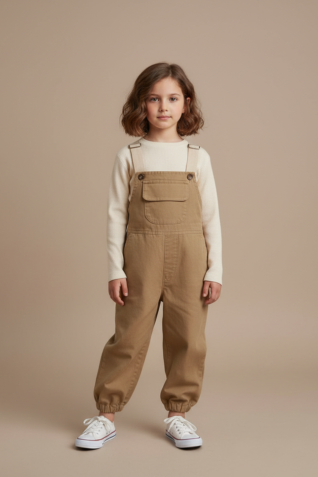 Pantalon Marron Salopette Coton Ample Enfant Décontracté - Camel