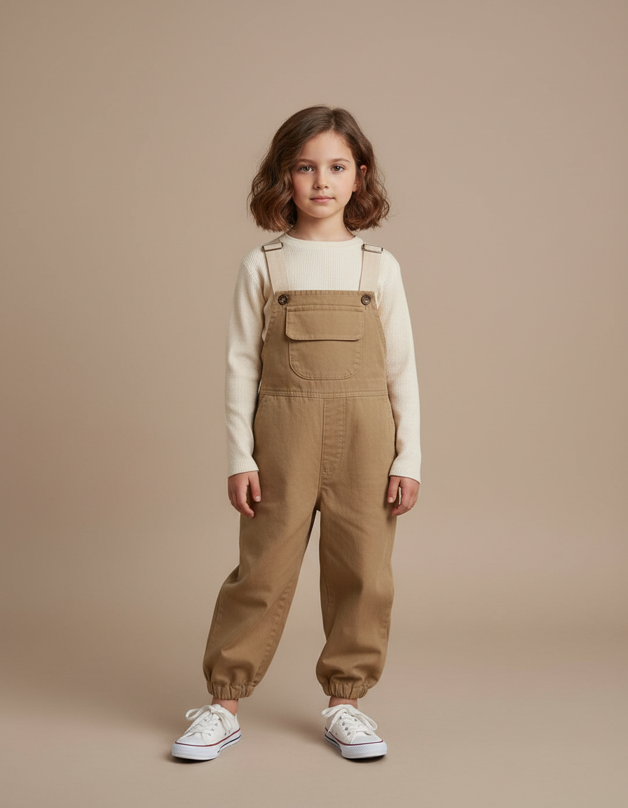 Pantalon Marron Salopette Coton Ample Enfant Décontracté - Camel