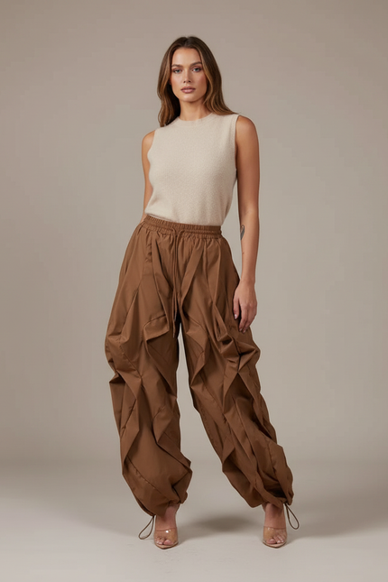 Pantalon Marron Cargo Plissé Ample Femme Streetwear - Polyester