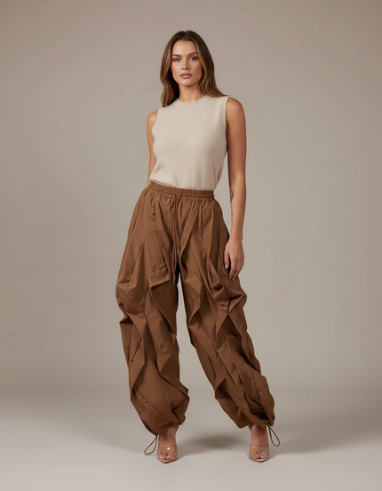 Pantalon Marron Cargo Plissé Ample Femme Streetwear - Polyester