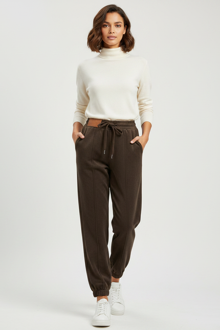Pantalon Marron Polaire Doux Ample Décontracté Femme - Molleton