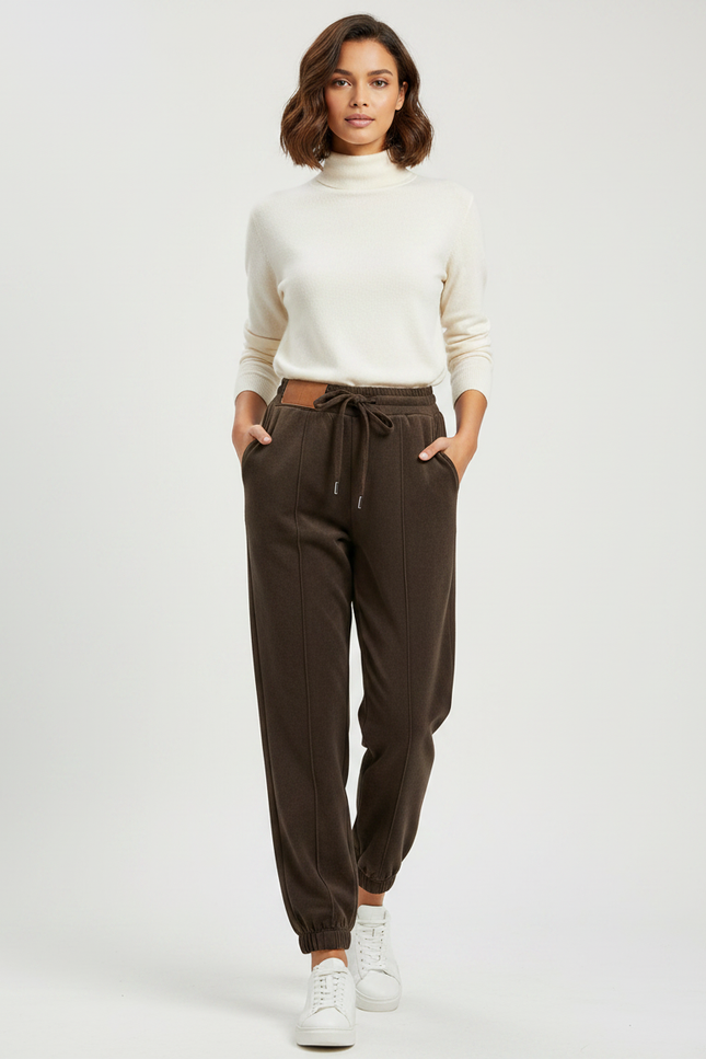 Pantalon Marron Polaire Doux Ample Décontracté Femme - Molleton
