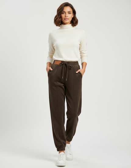 Pantalon Marron Polaire Doux Ample Décontracté Femme - Molleton