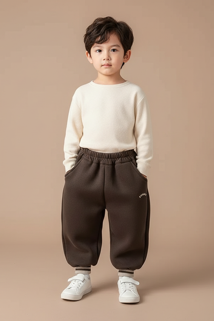 Pantalon Marron Ample Doux Élastiqué Enfant Hiver - Molleton