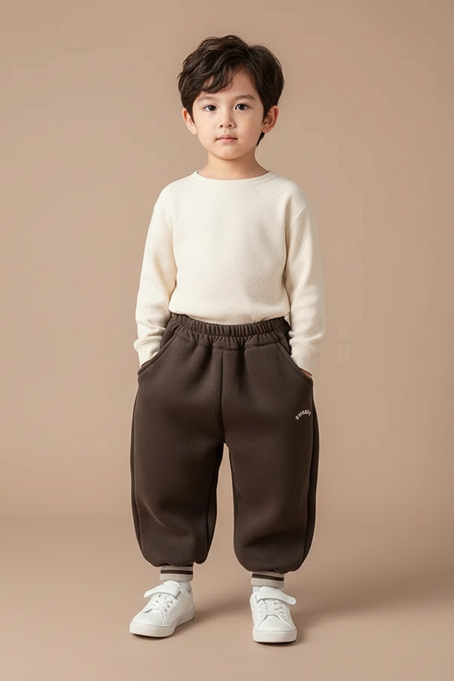 Pantalon Marron Ample Doux Élastiqué Enfant Hiver - Molleton