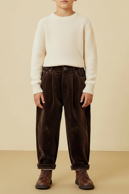 Pantalon Marron Côtelé Ample Décontracté Hiver Enfant - Cordé