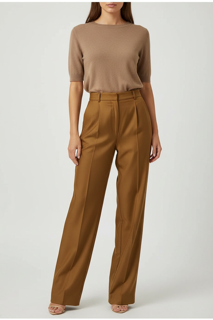 Pantalon Marron Droit Taille Haute Élégant Fluide - Viscose