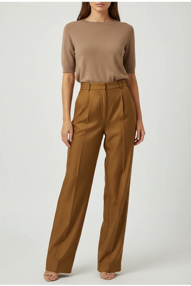 Pantalon Marron Droit Taille Haute Élégant Fluide - Viscose