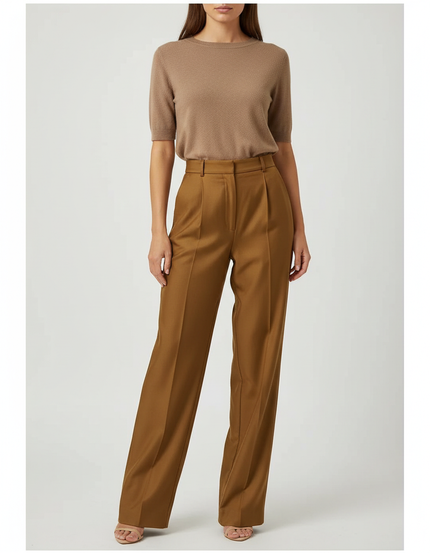 Pantalon Marron Droit Taille Haute Élégant Fluide - Viscose
