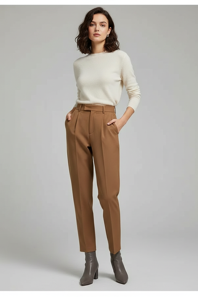 Pantalon Marron Plissé Taille Haute Droit Élégant - Gabardine