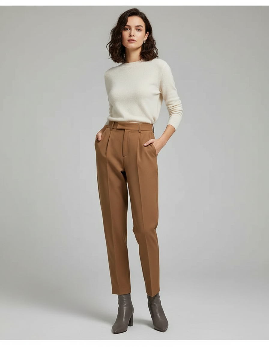 Pantalon Marron Plissé Taille Haute Droit Élégant - Gabardine