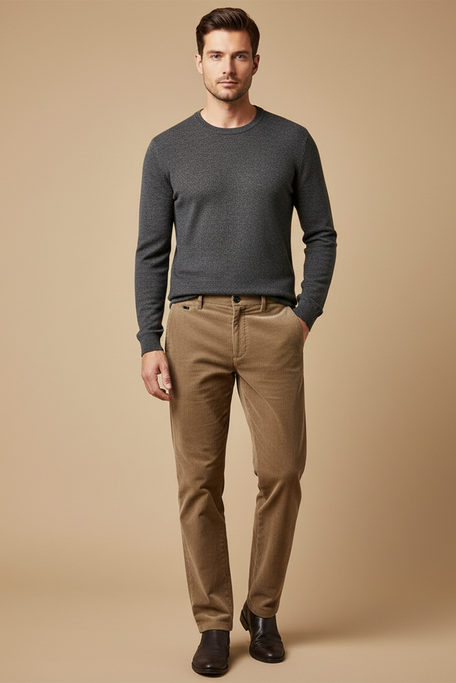 Pantalon Marron Côtelé Droit Élégant Décontracté Homme - Cordé