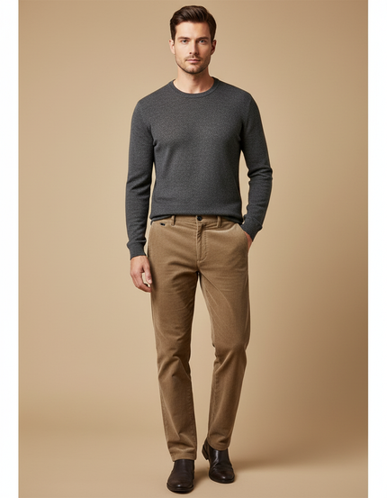 Pantalon Marron Côtelé Droit Élégant Décontracté Homme - Cordé