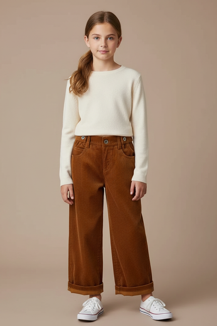Pantalon Marron Côtelé Ample Décontracté Enfant Fille - Cordé