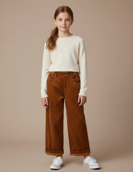 Pantalon Marron Côtelé Ample Décontracté Enfant Fille - Cordé