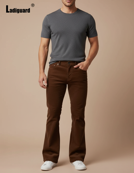 Pantalon Marron Côtelé Évasé Élégant Homme - Cordé