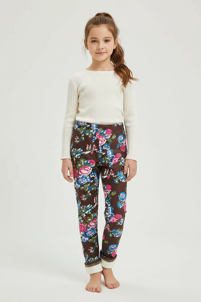 Pantalon Marron Floral Velours Doublé Chaud Fille