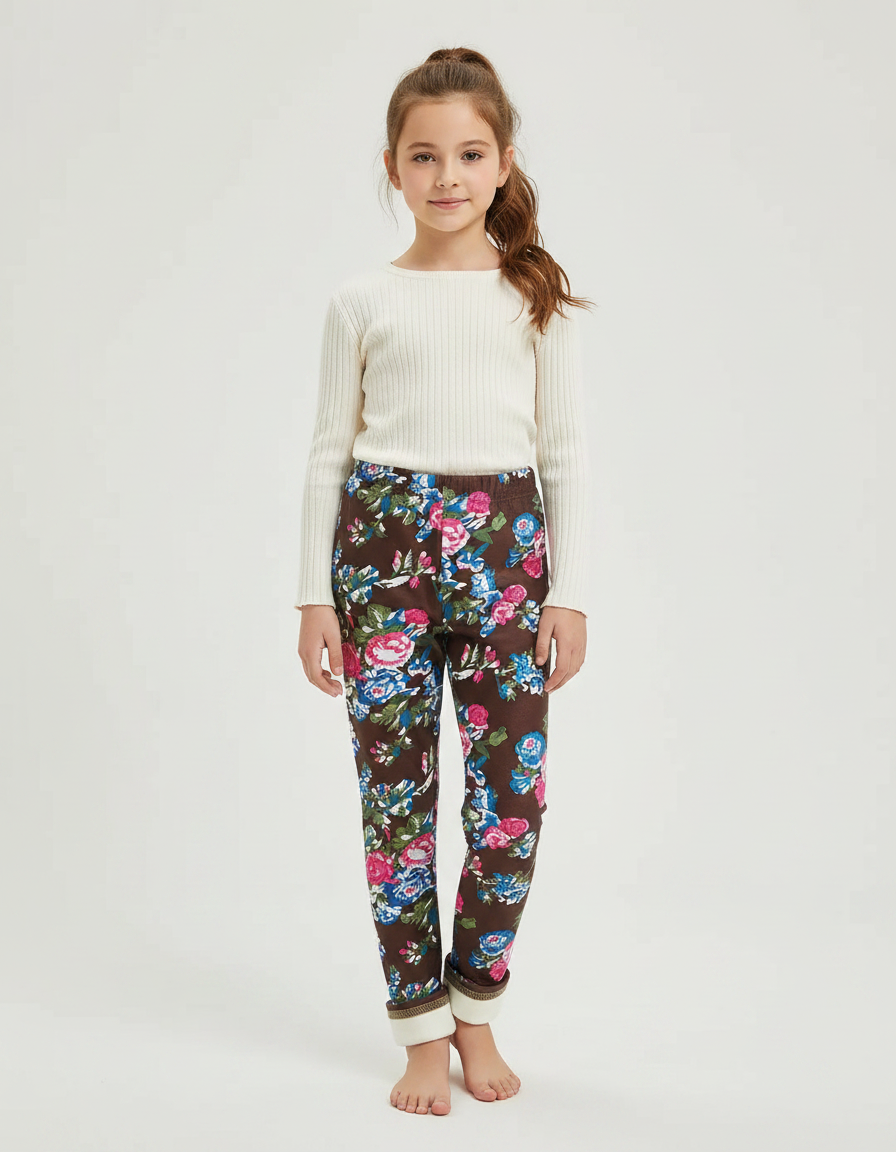 Pantalon Marron Floral Velours Doublé Chaud Fille