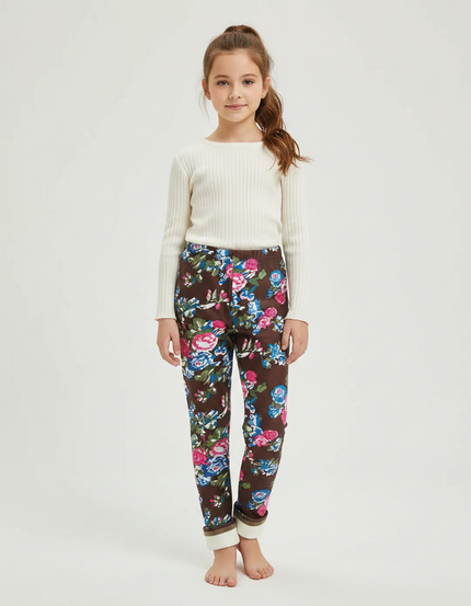 Pantalon Marron Floral Velours Doublé Chaud Fille