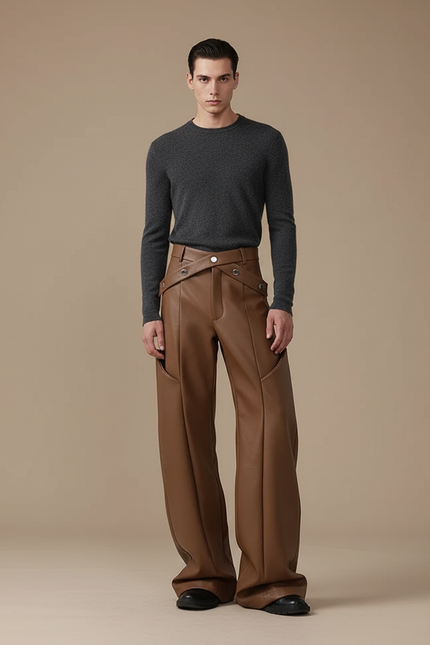 Pantalon Marron Cuir PU Ample Large Homme - Simili cuir