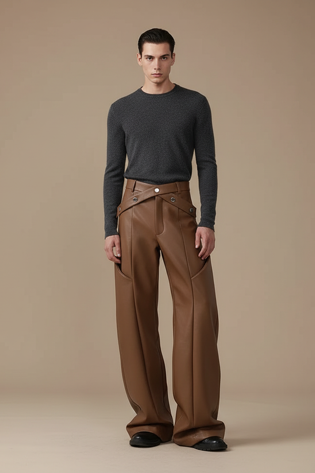 Pantalon Marron Cuir PU Ample Large Homme - Simili cuir