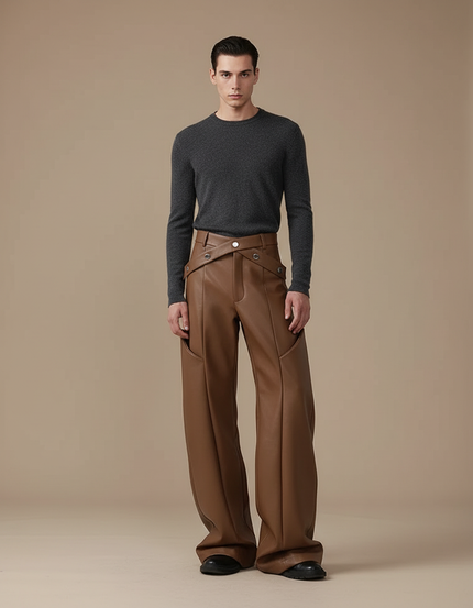 Pantalon Marron Cuir PU Ample Large Homme - Simili cuir