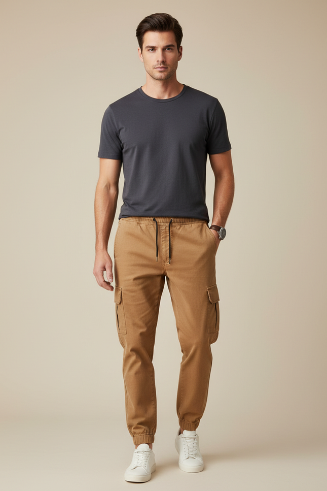 Pantalon Marron Cargo Jogger Coton Décontracté Homme - Camel
