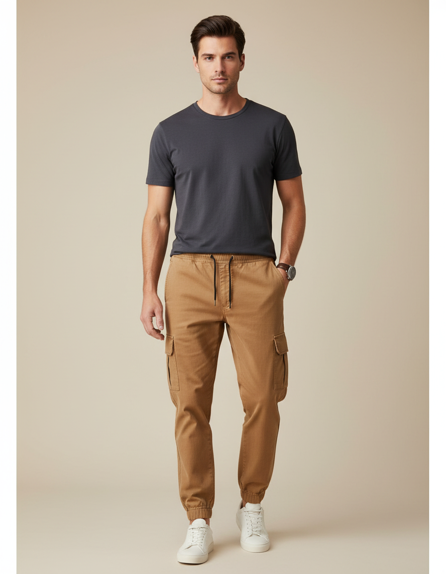 Pantalon Marron Cargo Jogger Coton Décontracté Homme - Camel