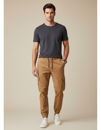 Pantalon Marron Cargo Jogger Coton Décontracté Homme - Camel