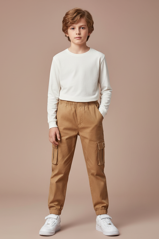 Pantalon Marron Cargo Ample Taille Élastique Enfant - Toile