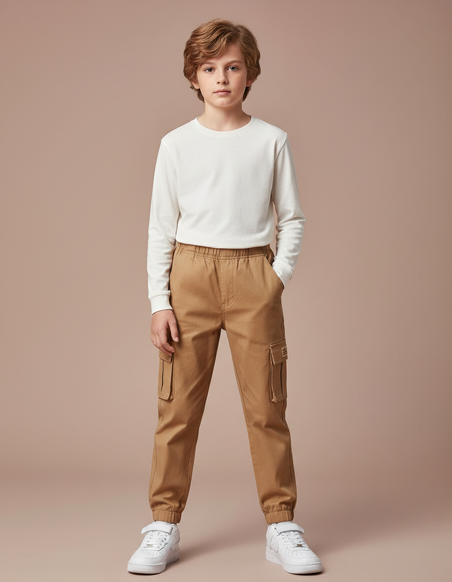 Pantalon Marron Cargo Ample Taille Élastique Enfant - Toile
