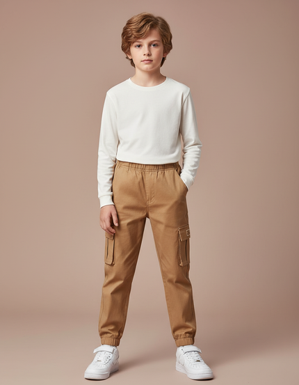 Pantalon Marron Cargo Ample Taille Élastique Enfant - Toile