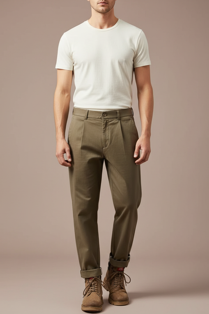 Pantalon Marron Coton Plissé Décontracté Homme - Kaki