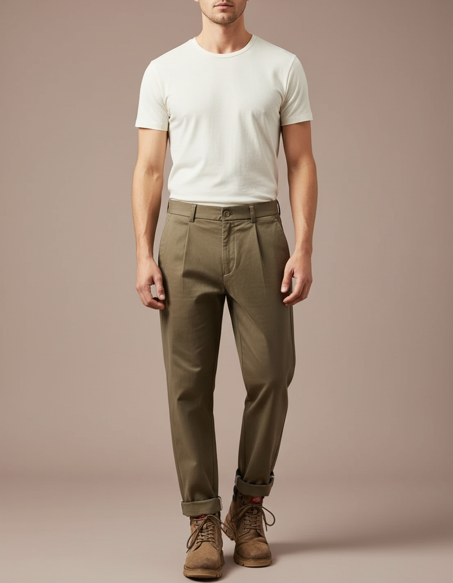 Pantalon Marron Coton Plissé Décontracté Homme - Kaki