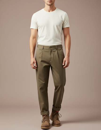 Pantalon Marron Coton Plissé Décontracté Homme - Kaki