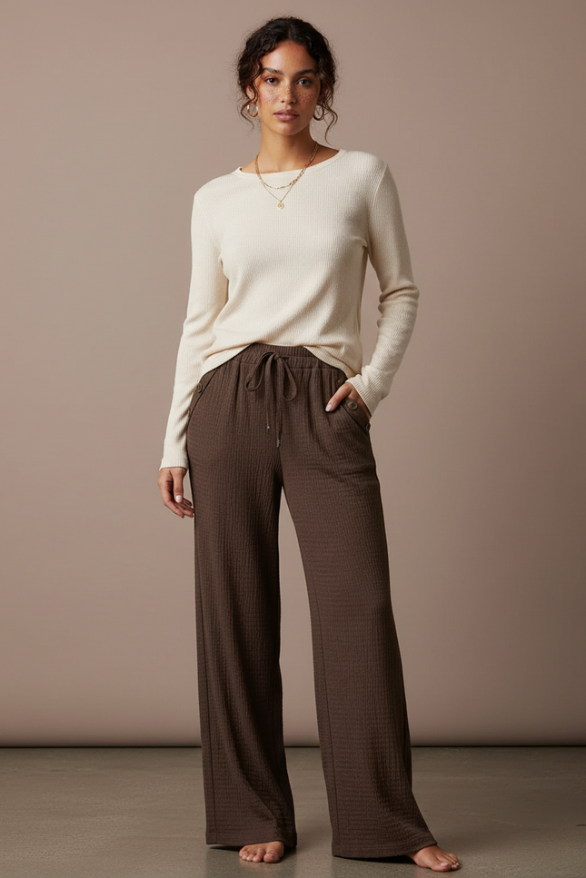 Pantalon Marron Ample Texturé Décontracté Confortable - Maille