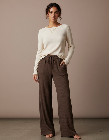 Pantalon Marron Ample Texturé Décontracté Confortable - Maille