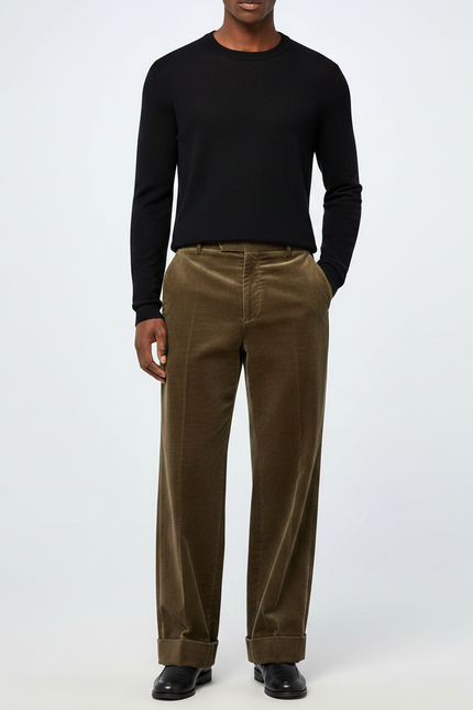 Pantalon Marron Velours Côtelé Droit Classique Homme - Kaki Cordé