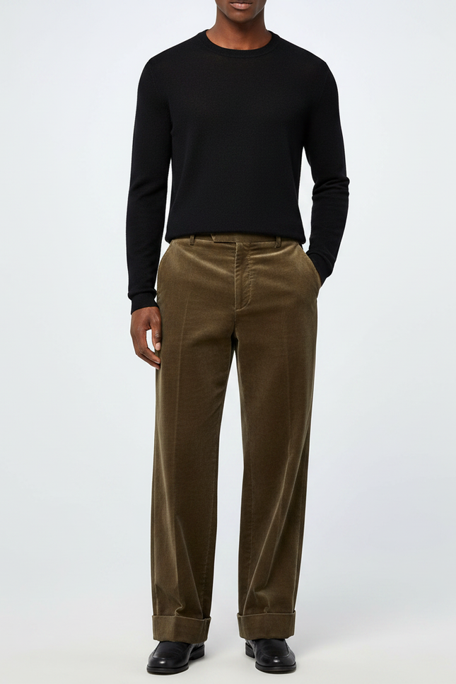Pantalon Marron Velours Côtelé Droit Classique Homme - Kaki Cordé
