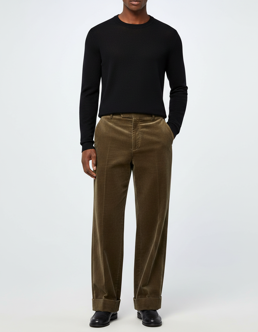 Pantalon Marron Velours Côtelé Droit Classique Homme - Kaki Cordé