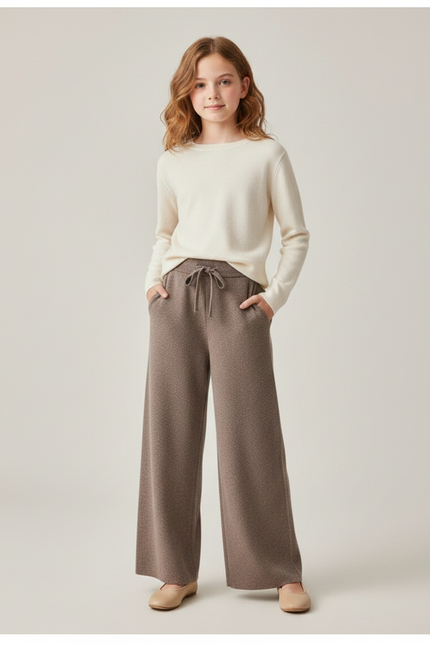 Pantalon Marron Ample Tricoté Décontracté Fille - Maille
