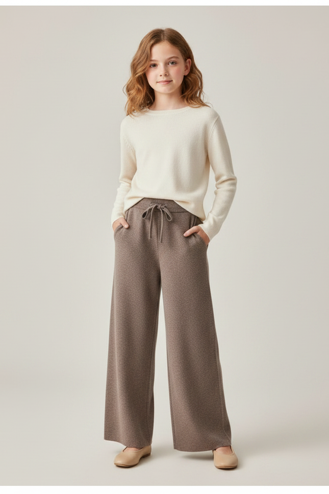 Pantalon Marron Ample Tricoté Décontracté Fille - Maille