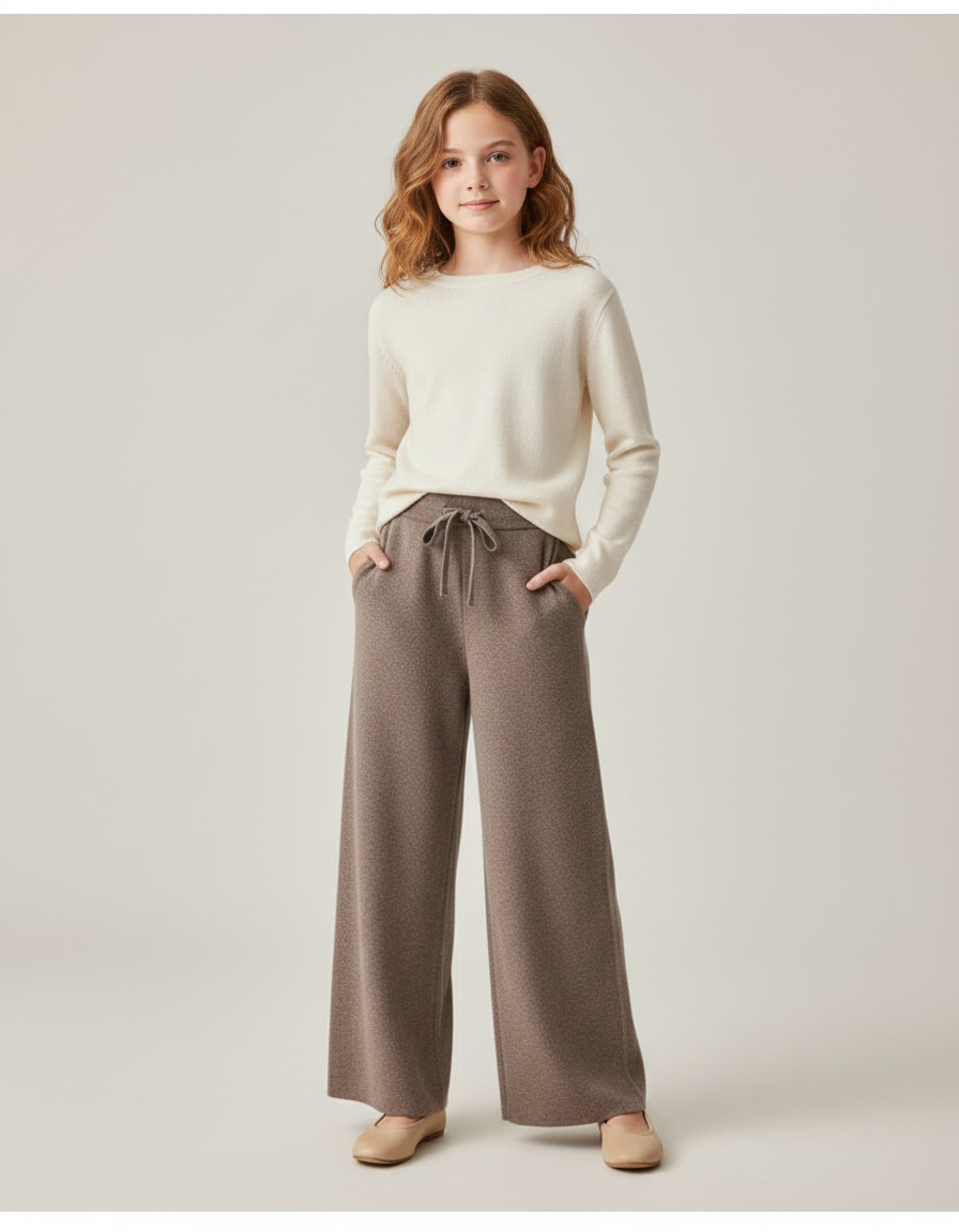 Pantalon Marron Ample Tricoté Décontracté Fille - Maille