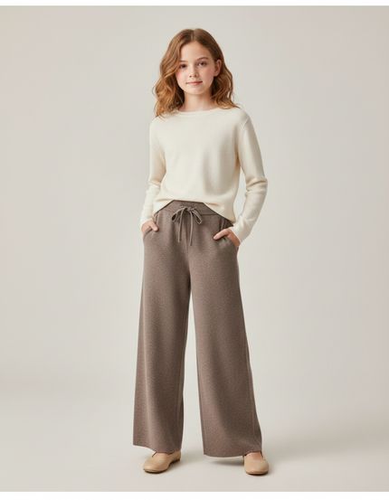 Pantalon Marron Ample Tricoté Décontracté Fille - Maille