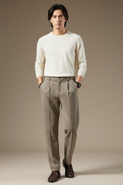 Pantalon Marron Laine Droit Formel Plissé Homme - Gabardine