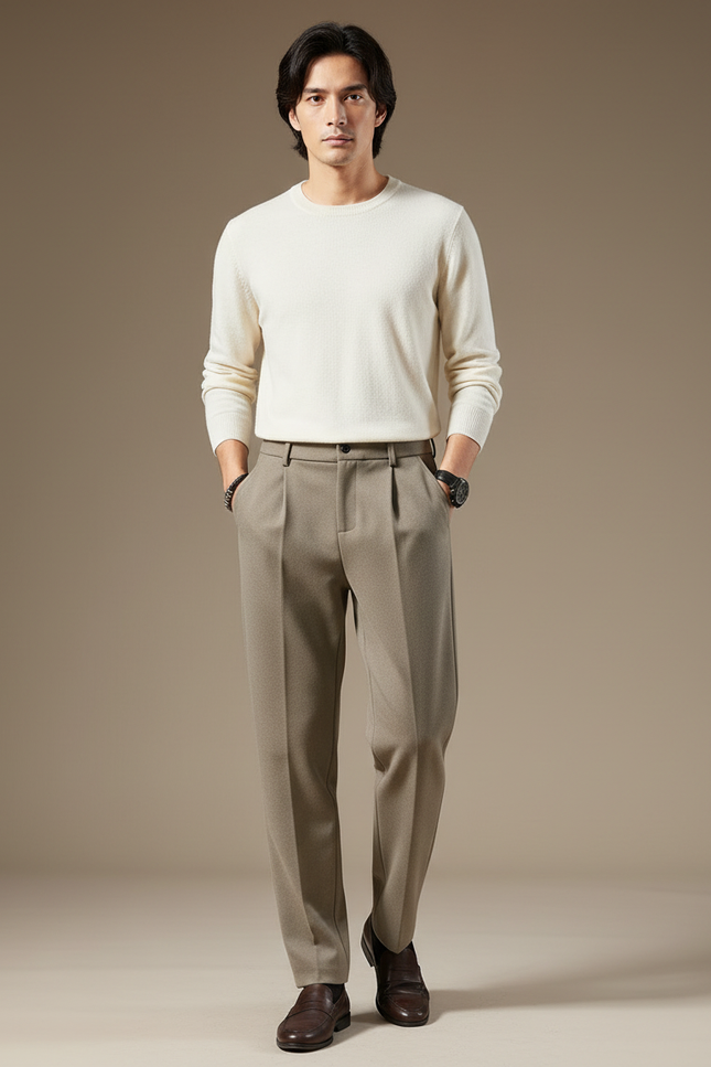 Pantalon Marron Laine Droit Formel Plissé Homme - Gabardine